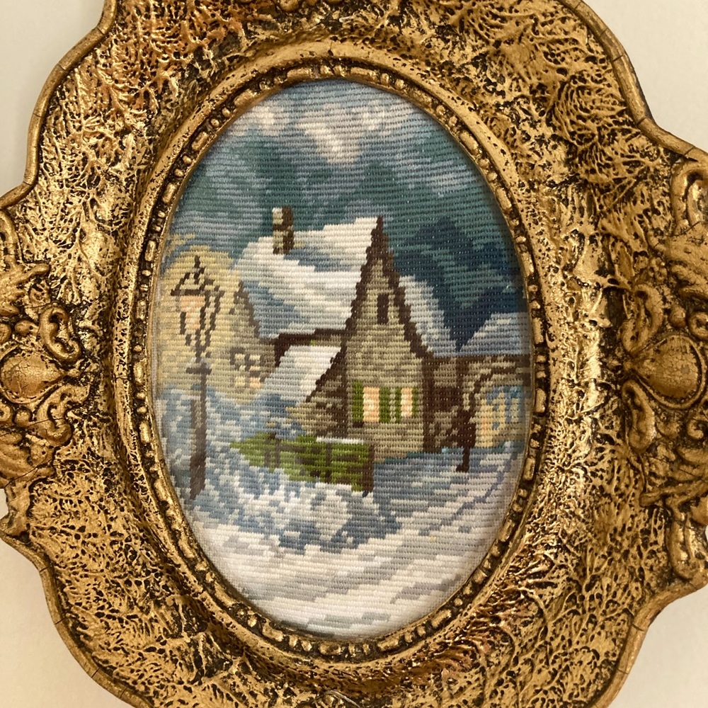 Evening Snow, vintage needle point, Eastern Europe. Plaster cast frame.